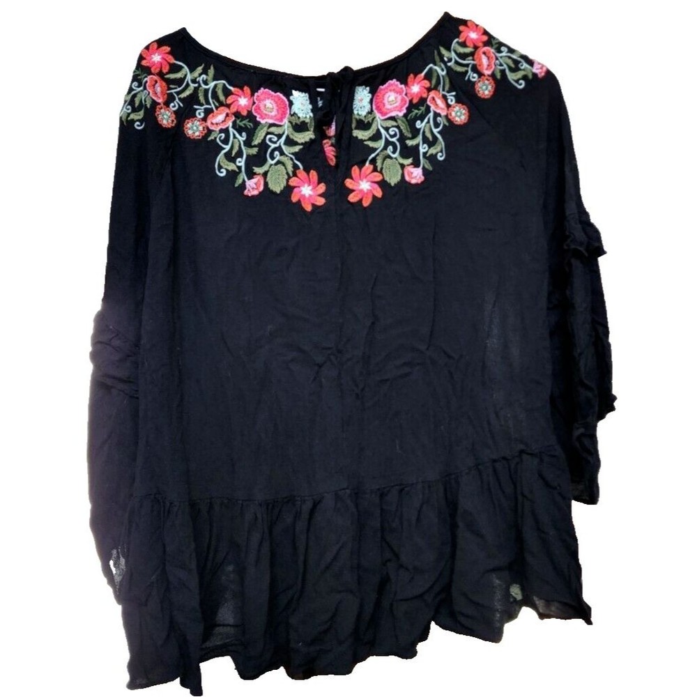 Black Embroidered Peasant Top Size Large Hippie Boho Artsy